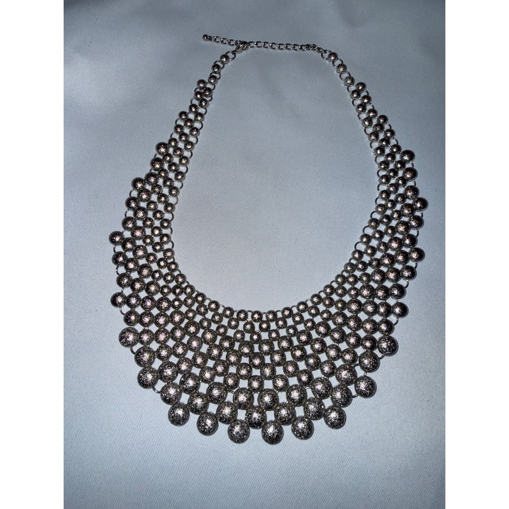 Silver Tone Multi‎ Row Ball Bead Bib Necklace Statement Jewelry Textured Glam